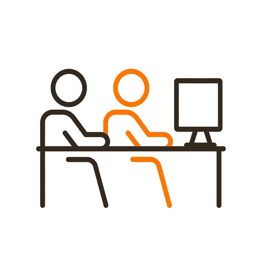 Bold line drawing: two figures seated side by side at one desk facing a monitor, the right-hand figure drawn in orange