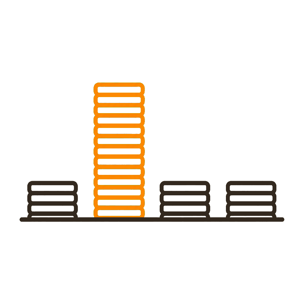 Bold line drawing: four stacks of paper side by side, one towering over the others and drawn in orange