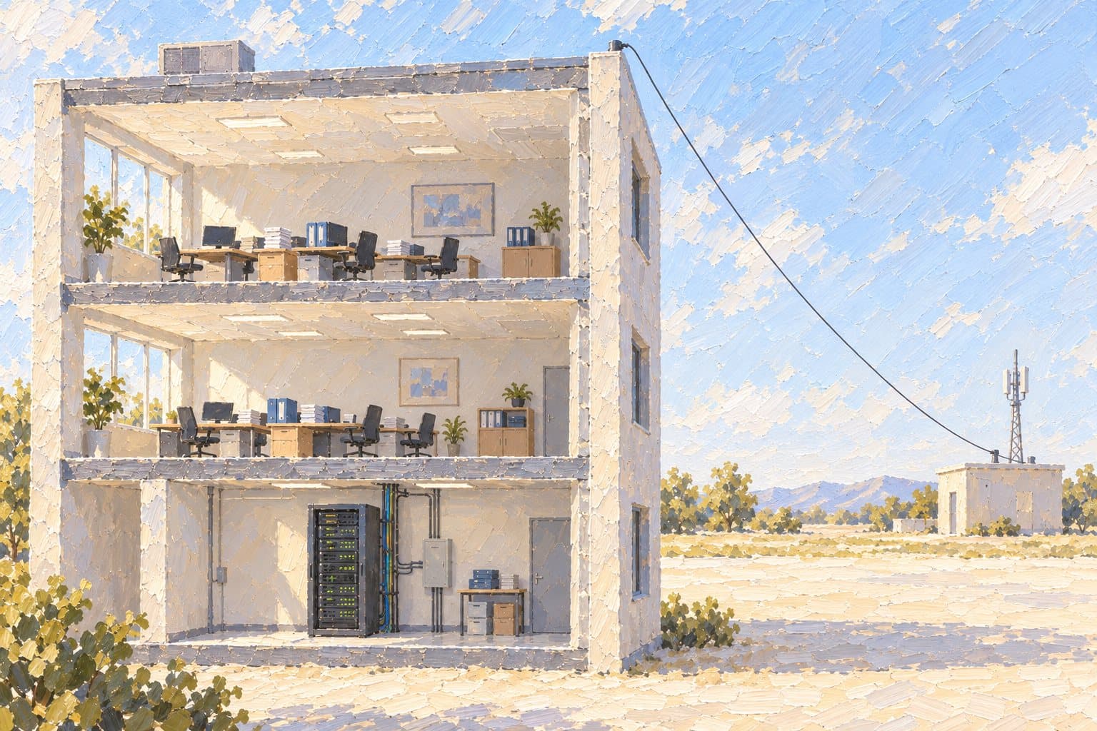 A painting of an office building cut open to show desks, documents, and a server rack inside its walls, with one thin wire running across open ground to a small distant building
