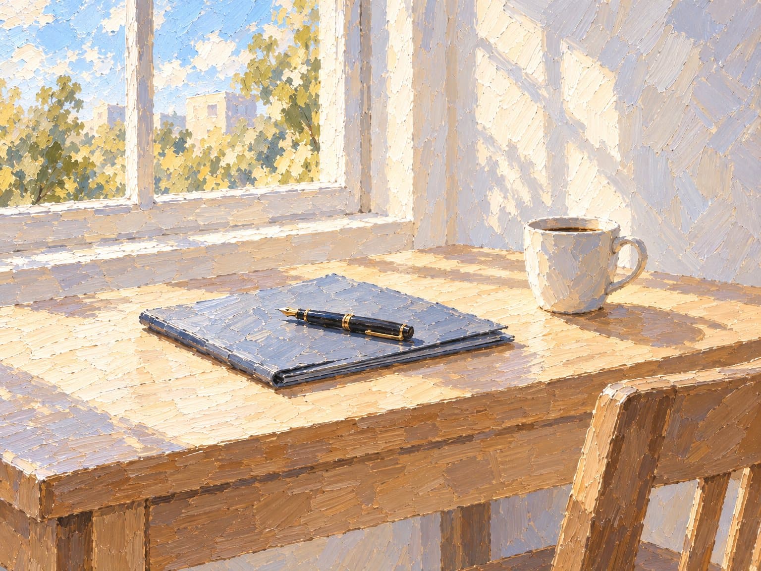 A painting of a desk by a window in morning light, a closed folder with a fountain pen resting on it