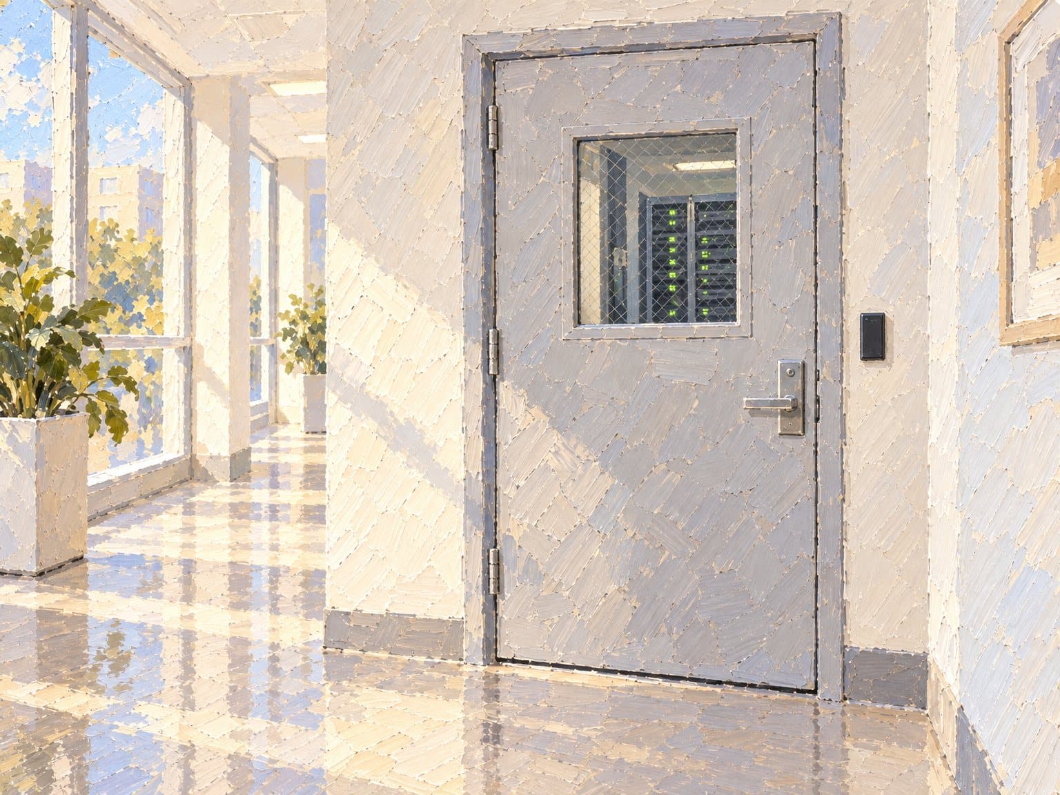 A painting of a closed equipment room door in a bright corridor, a server rack visible through its small window