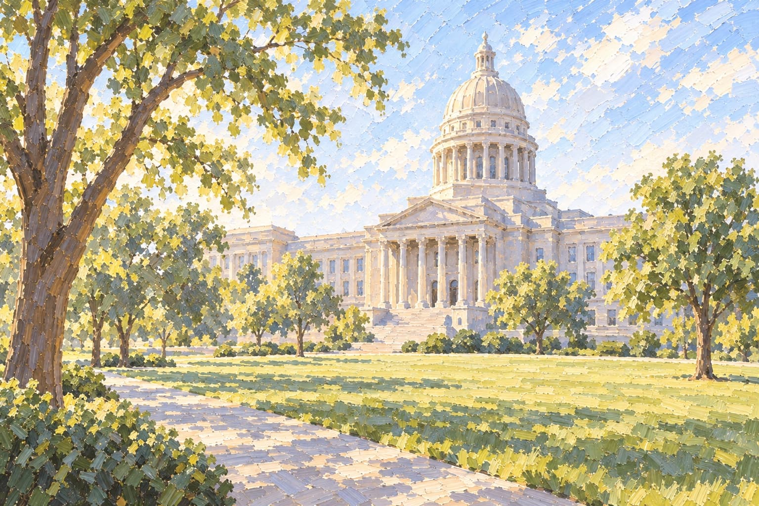 A painting of a domed government building across a quiet lawn in morning light
