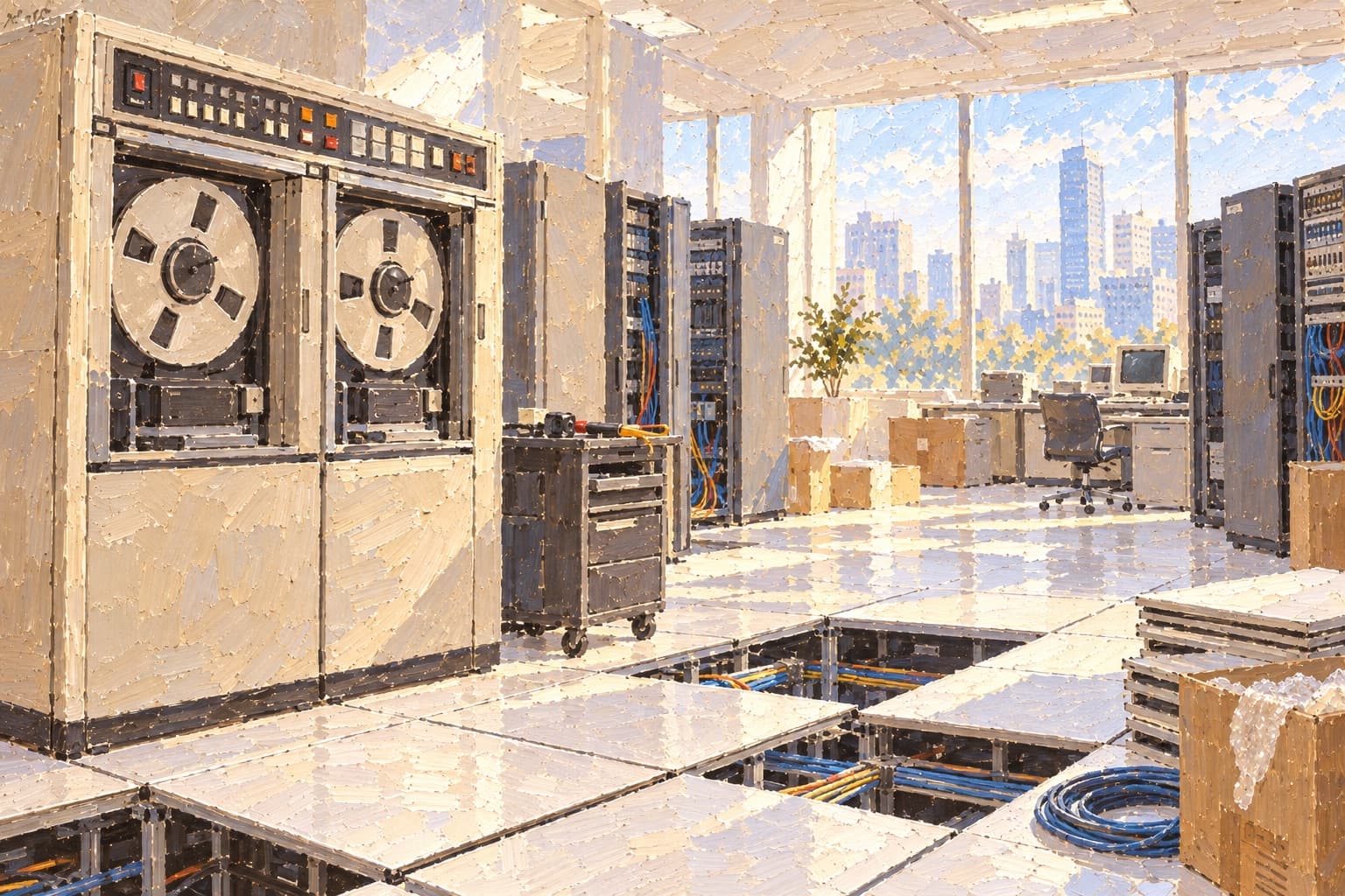 A painting of a computer room mid changeover: an old tape drive mainframe on one side, new server racks on the other, cables run under a raised floor
