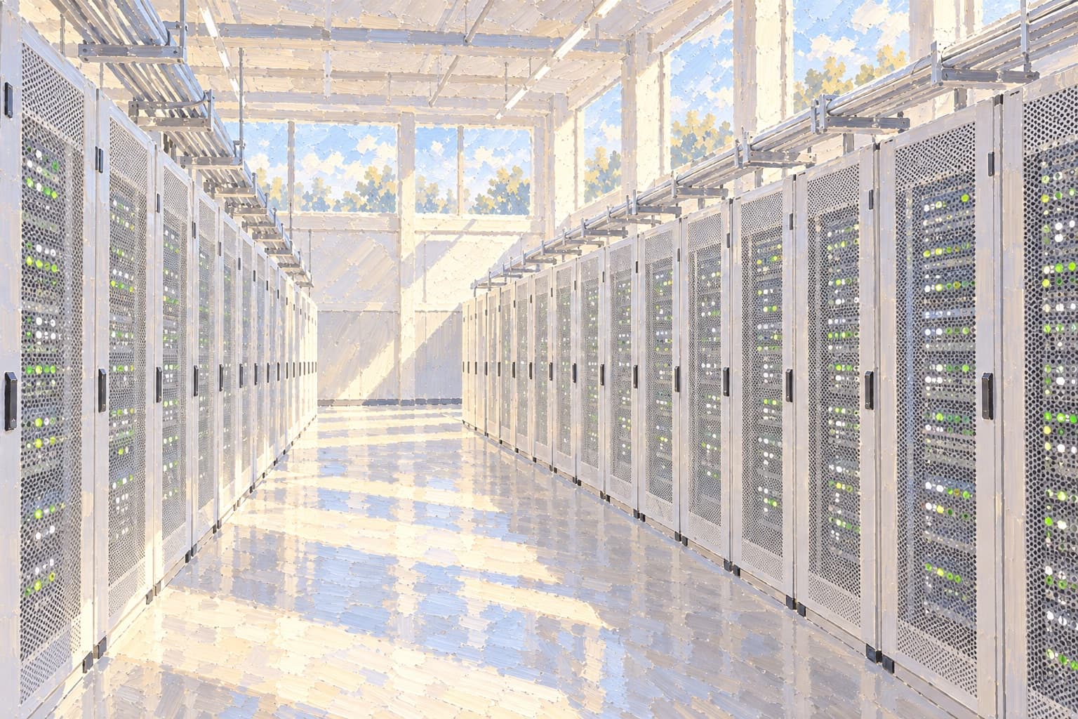 A painting of a bright data hall: two long rows of pale server cabinets with small status lights, under tall windows