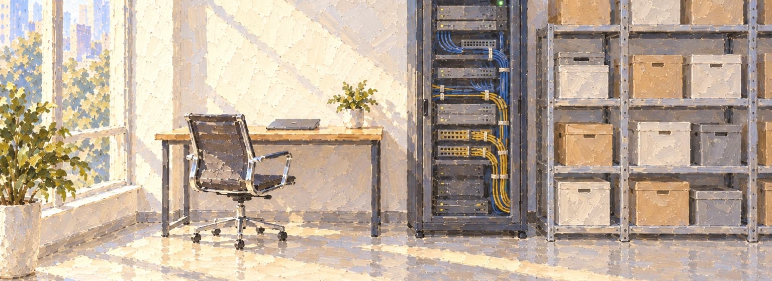 A painting of a tidy equipment room inside an ordinary office building, seen through its open door: one server rack with bundled cables and a green status light, a small desk, shelves of boxes, and morning light down the corridor