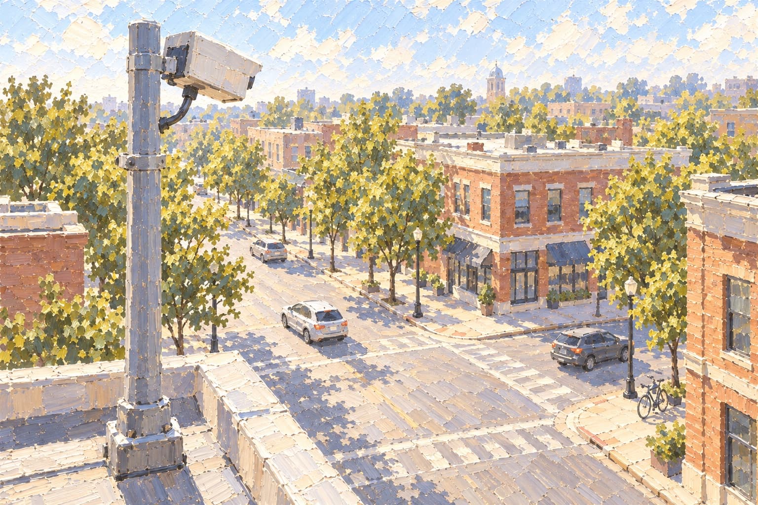 A painting of a camera on a rooftop pole looking down over a tree-lined downtown intersection