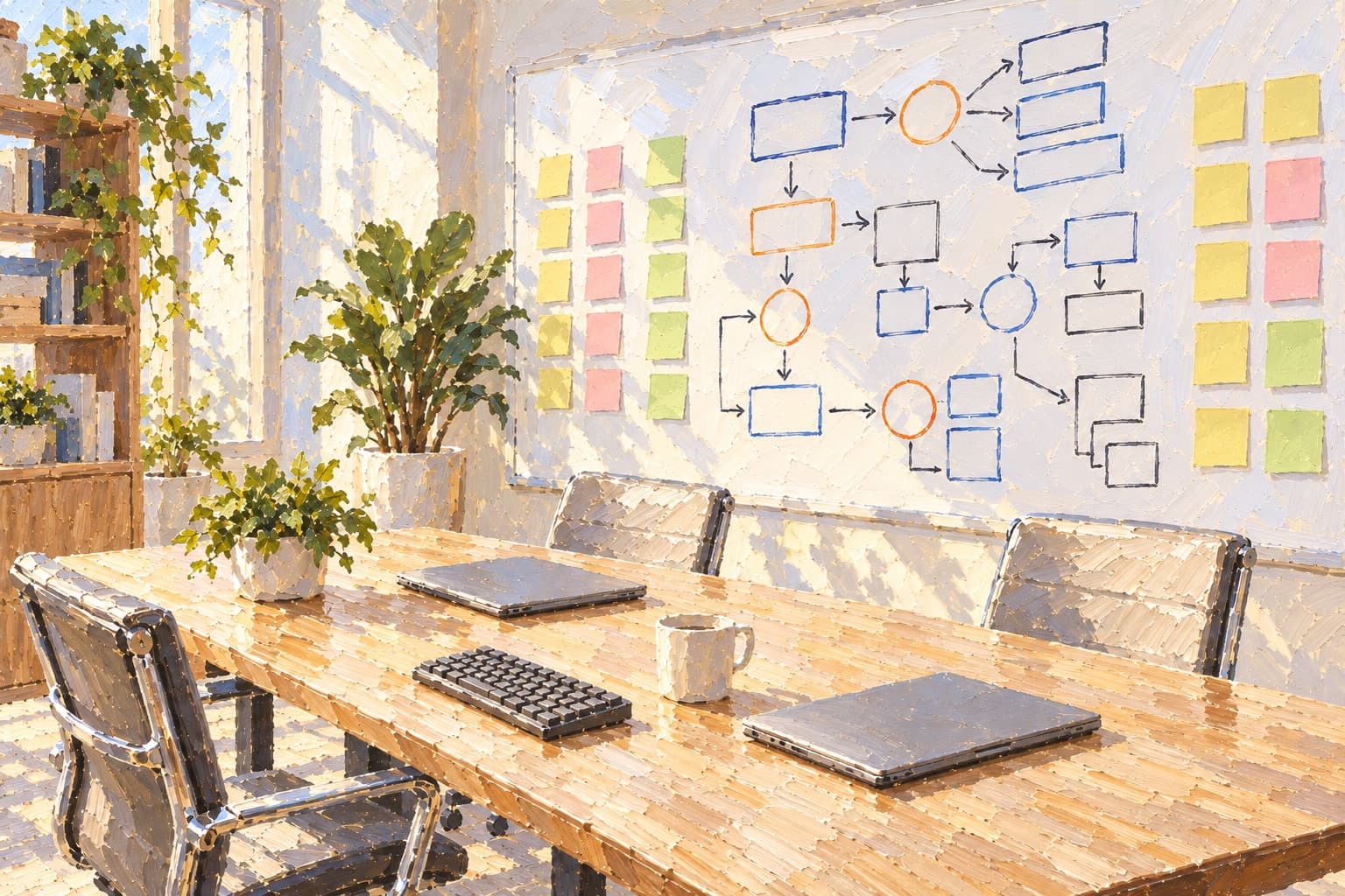 A painting of a sunlit studio: a whiteboard of box and arrow diagrams beside rows of colored sticky notes, above a table with closed laptops
