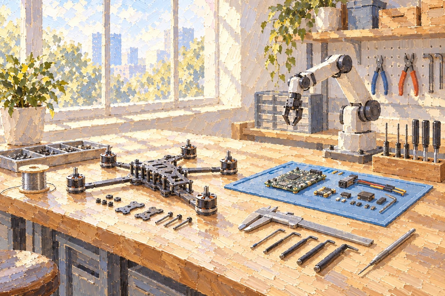 A painting of a shop workbench: a small robotic arm, a disassembled quadcopter frame with its motors laid out, a circuit board on a mat, and hand tools in a row
