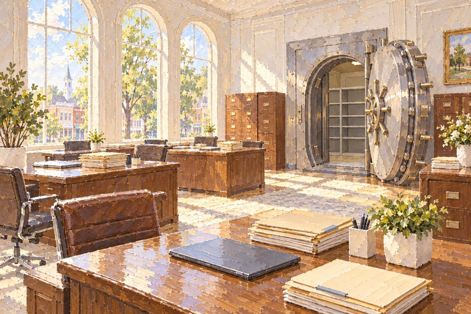 A painting of the bright back office of a community bank, wooden desks with stacks of loan files and closed laptops, an open round vault door, and arched windows onto a small-town street in morning light