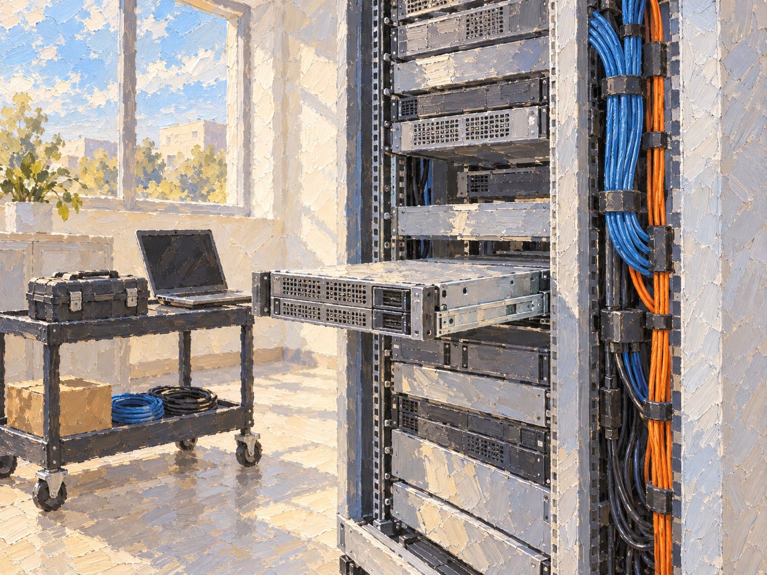 A painting of a server being slid into an open rack on its rails, with an equipment cart beside it