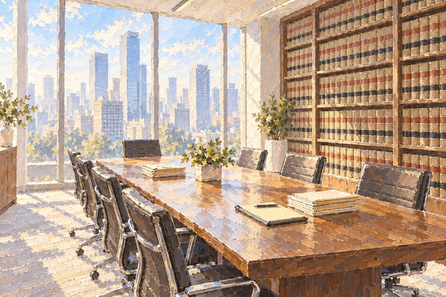 A painting of a law firm conference room high in an office tower, a long wooden table, a wall of bound case reporters, and a glass wall onto a city skyline in morning light