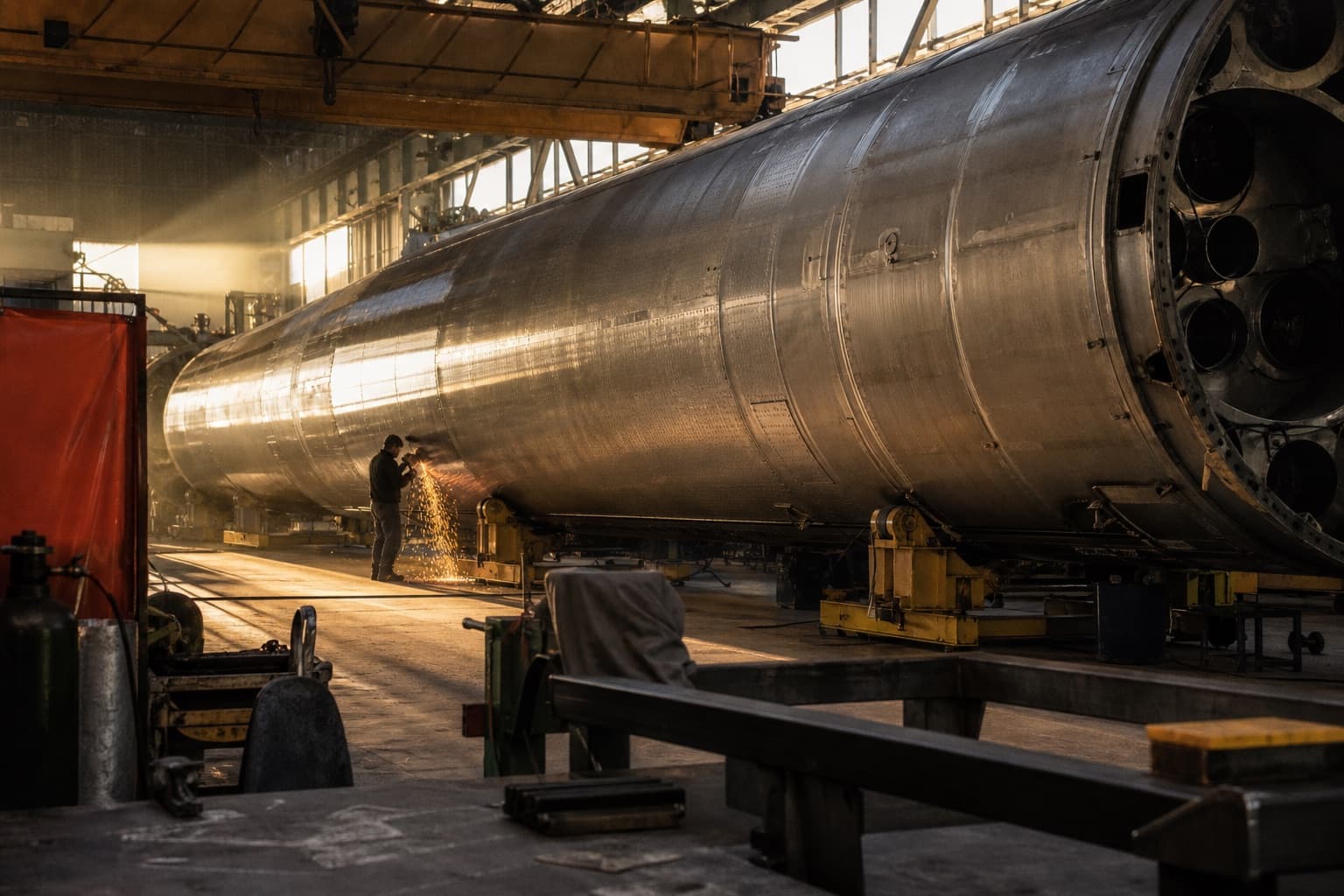 A rocket stage on yellow cradles inside a factory at golden hour, a technician grinding against the hull in a shower of sparks