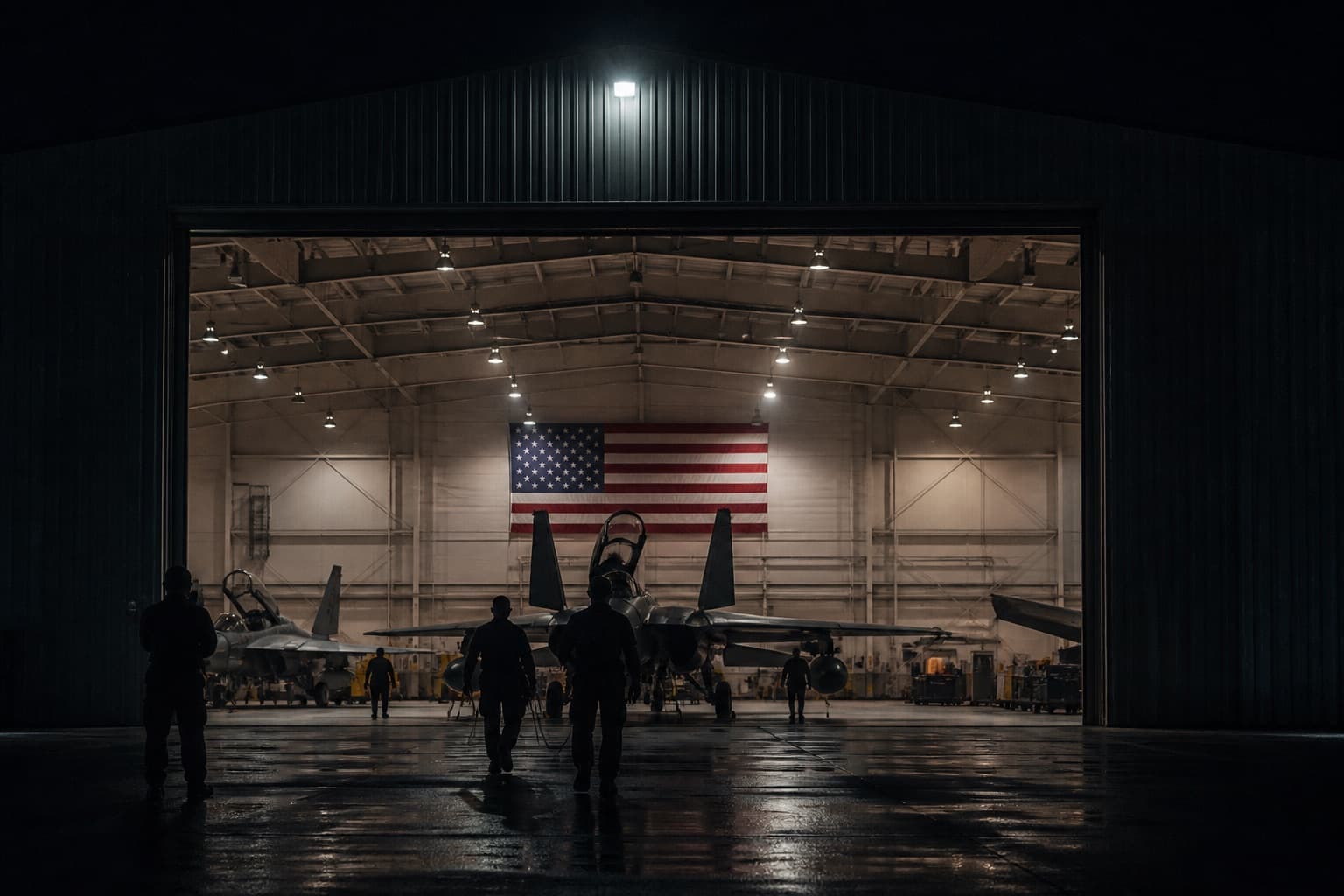 A military aircraft hangar at night, an American flag on the far wall