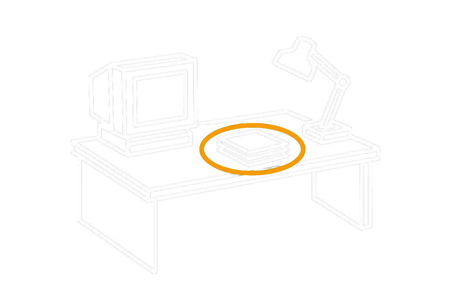 A bold line drawing of a field office desk: an old monitor, a desk lamp, and a stack of paper ringed in orange