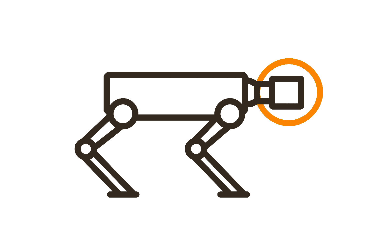 A bold line drawing of a four-legged inspection robot, the sensor head ringed in orange
