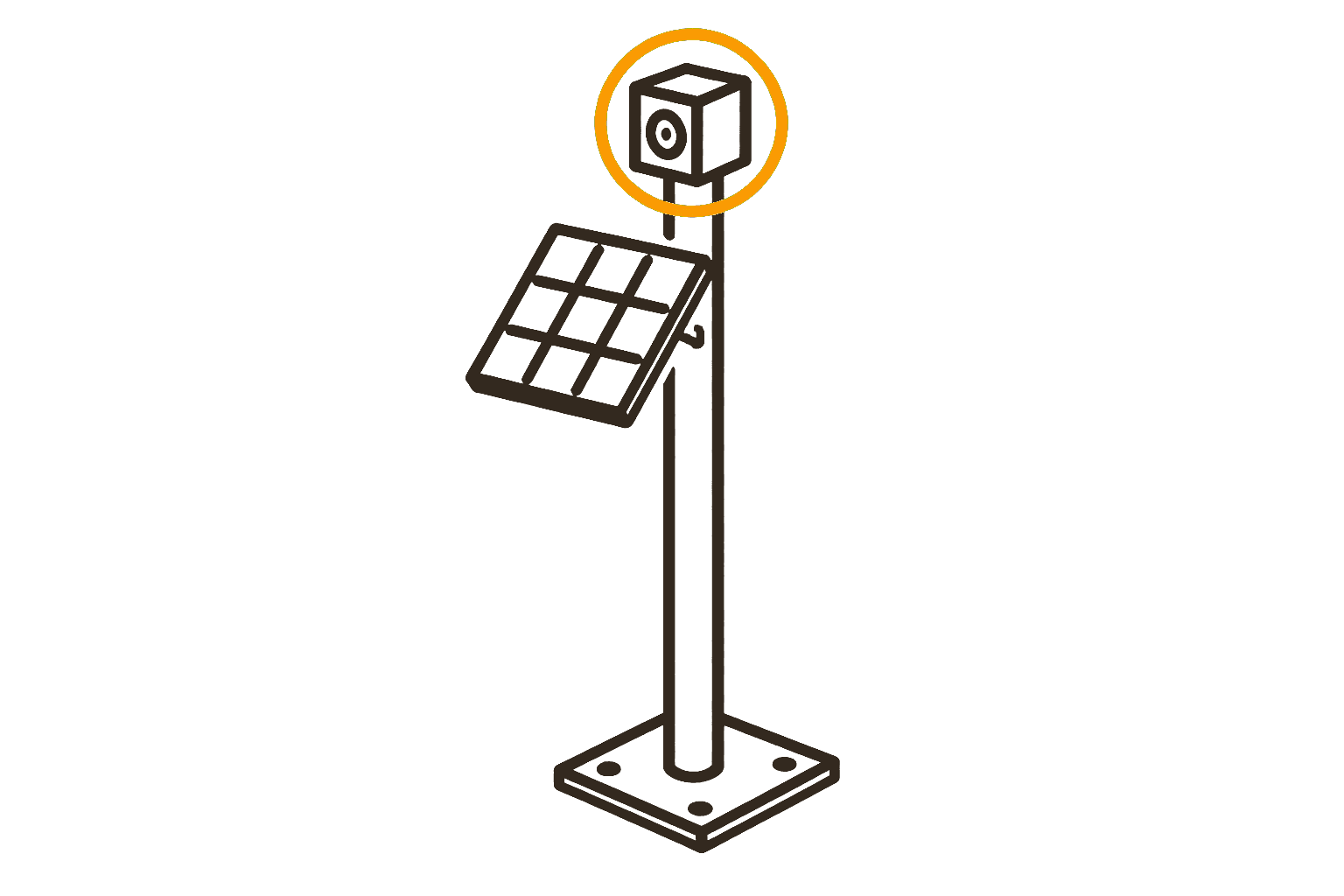 A bold line drawing of a solar-powered sensor mast, the camera head ringed in orange