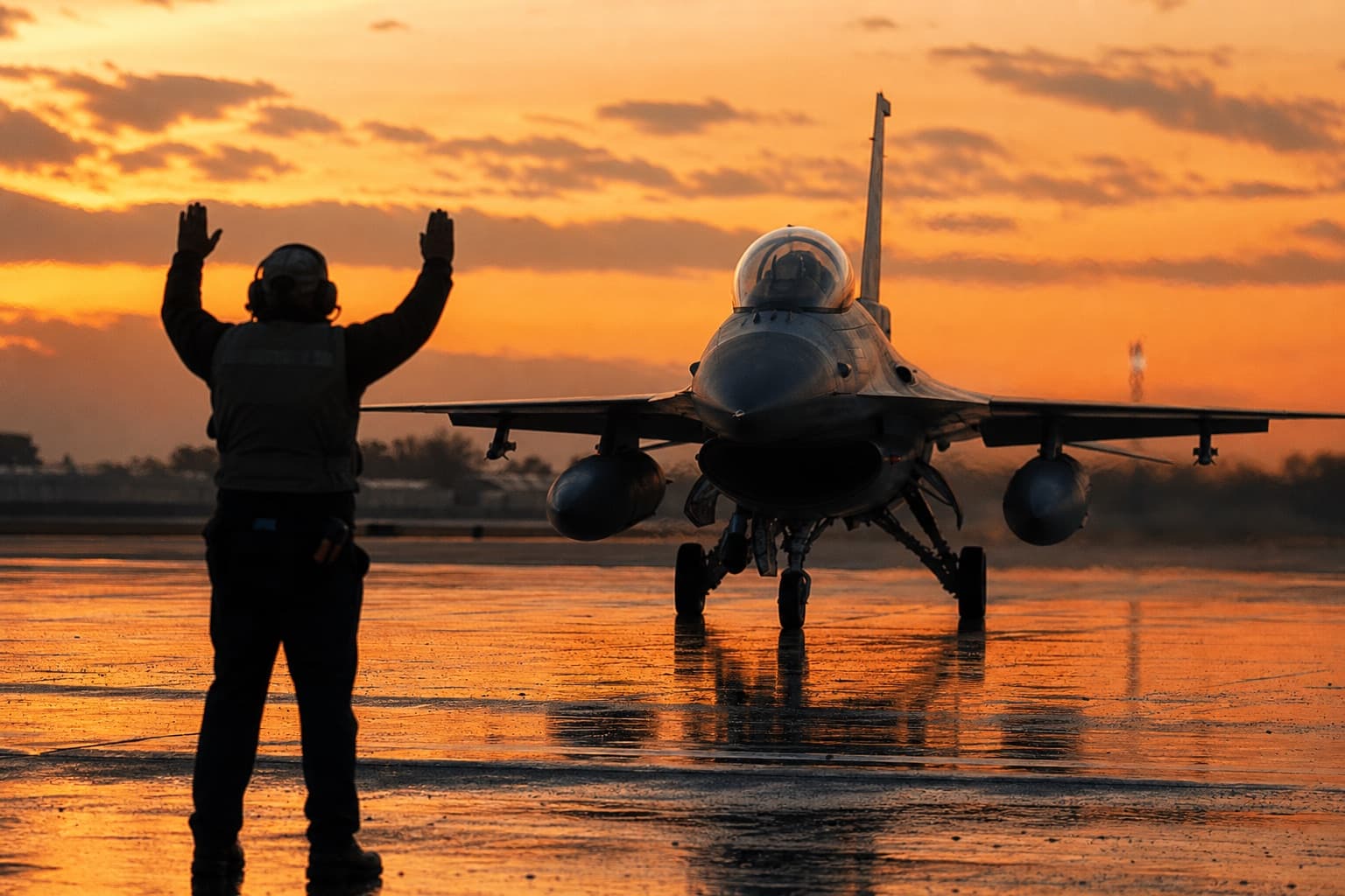 A ground crew member marshaling a fighter jet on a rain-slick flightline at dawn