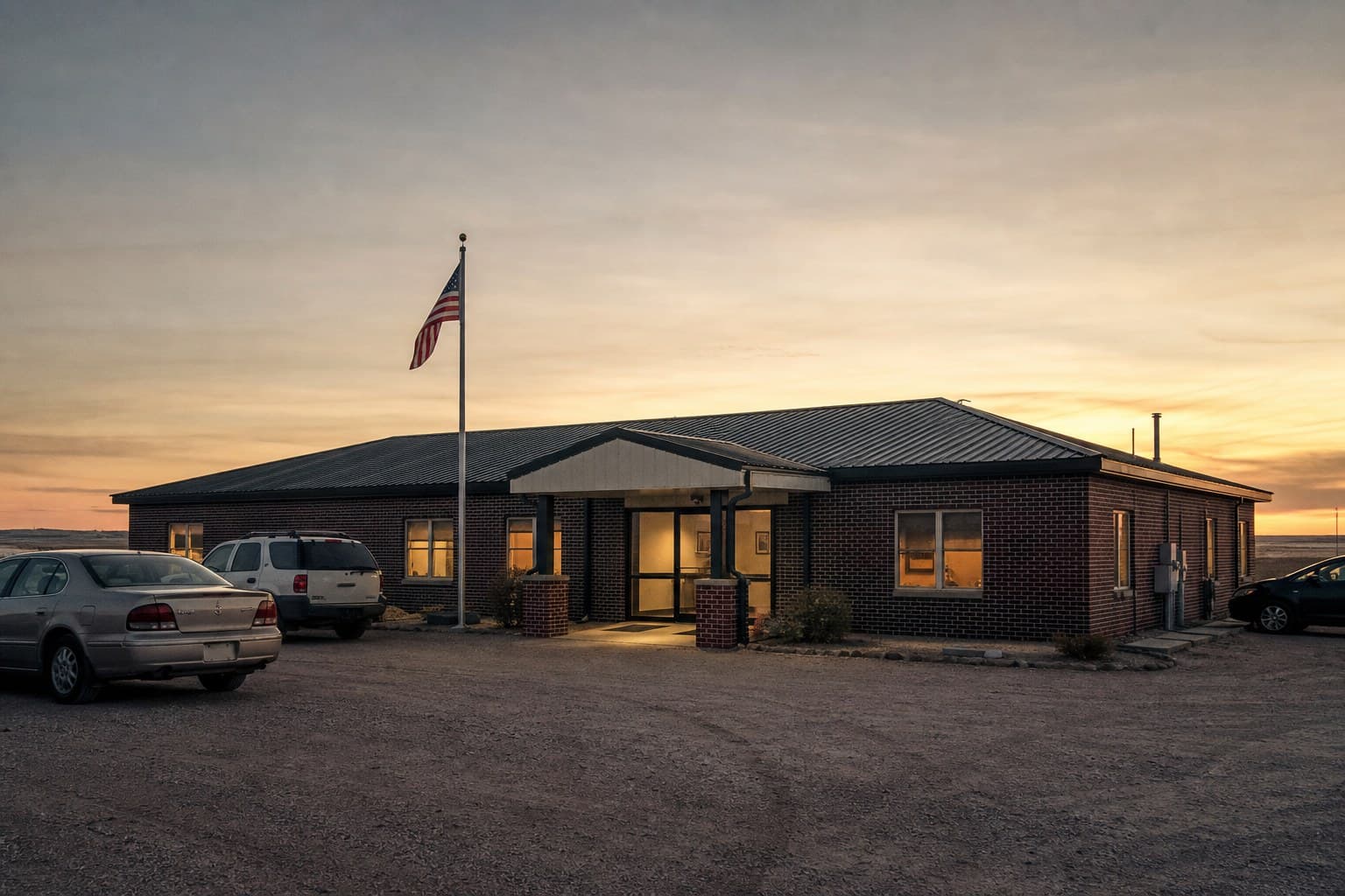 A small-town medical clinic at dusk, warm light in the windows, an American flag by the entrance