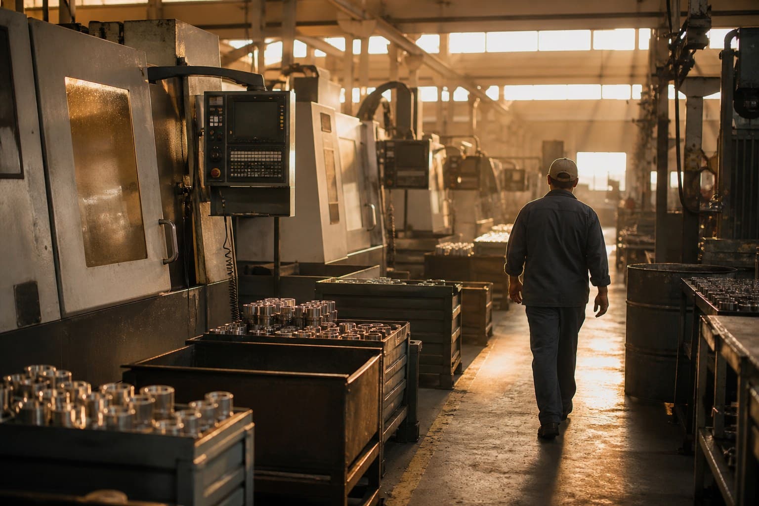 A machine shop aisle at golden hour: CNC machining centers receding into warm light, a machinist walking the aisle, bins of finished parts beside the machines