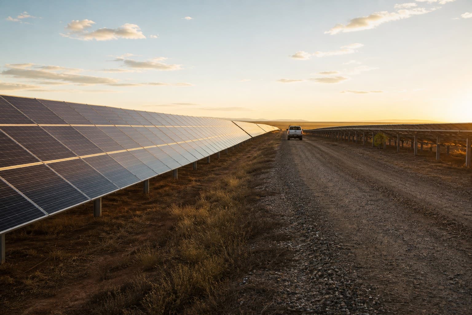 A utility-scale solar farm at golden hour: rows of photovoltaic panels receding to the horizon, a white work truck far down the gravel access road