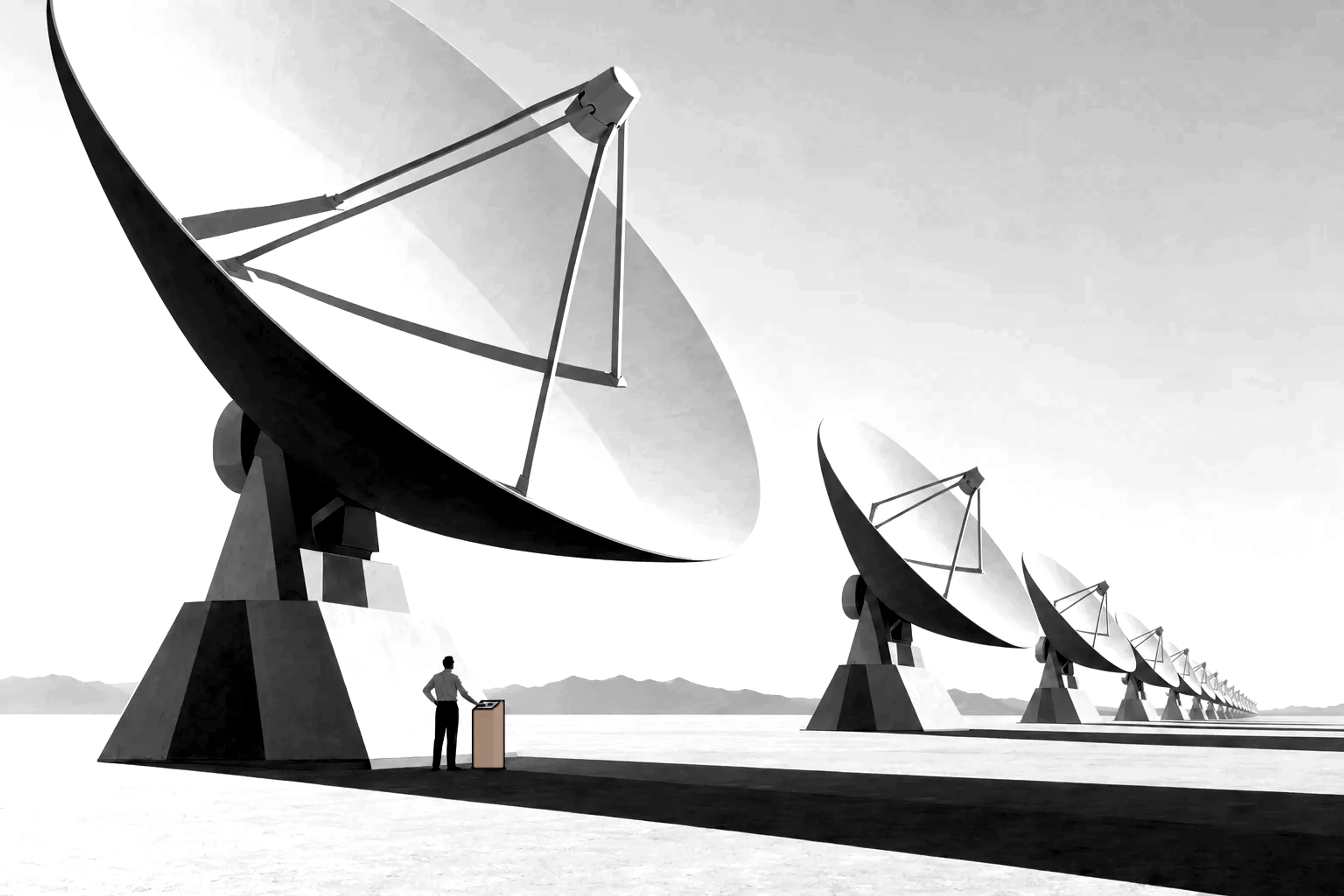 A row of giant radio telescope dishes on a desert plain at dawn, a person at a blue control pedestal beneath the nearest