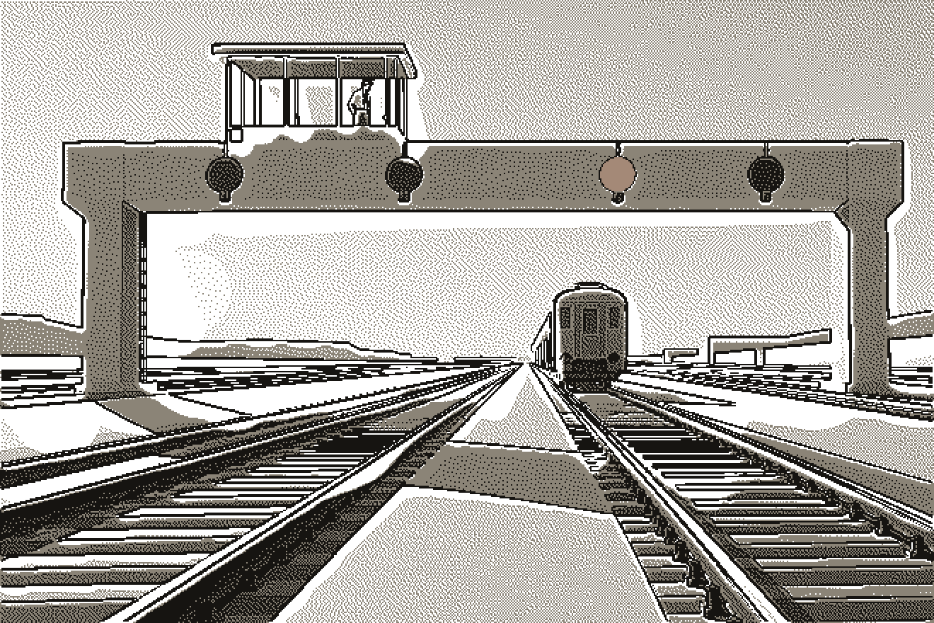Parallel railway tracks under a concrete signal gantry, one blue signal over the chosen track, a person watching from the cabin as a car approaches