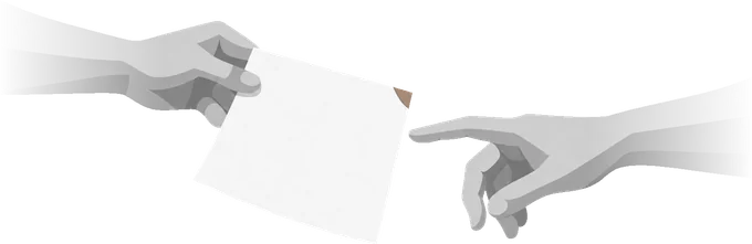 Two hands reaching toward each other, one offering a page, the other's fingertip almost touching its tab