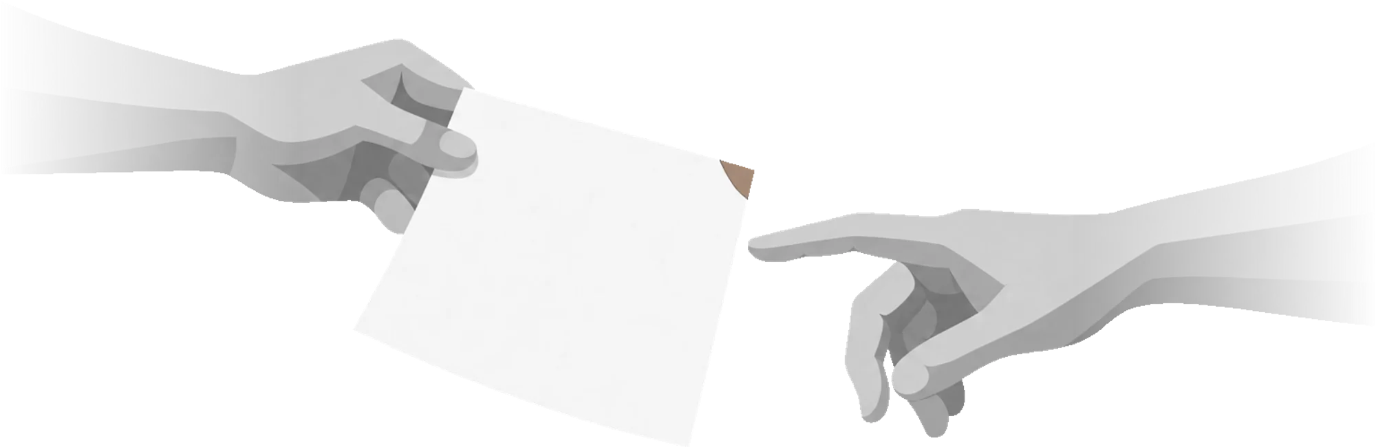 Two hands reaching toward each other, one offering a page, the other's fingertip almost touching its tab