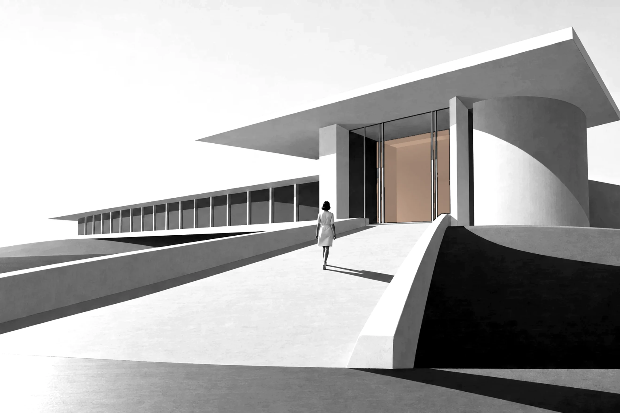 A long white hospital pavilion on a bare rise, a person walking up the ramp to a blue-lit entrance