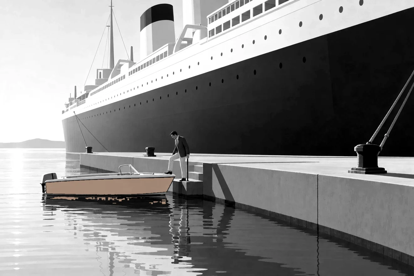 A small blue launch moored beside a towering ocean liner at the same pier, a person stepping down into the launch
