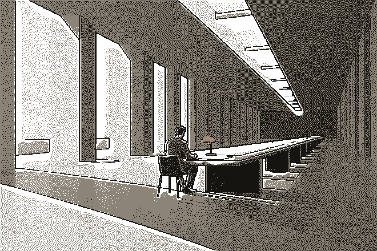 A long empty reading hall, one person at the table in a band of light beside a blue lamp