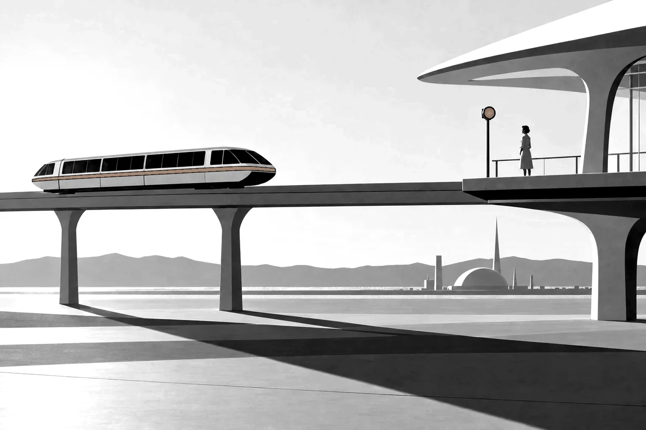 A monorail car stopped on its elevated track just short of the station, a person waiting on the platform beside a blue signal lamp