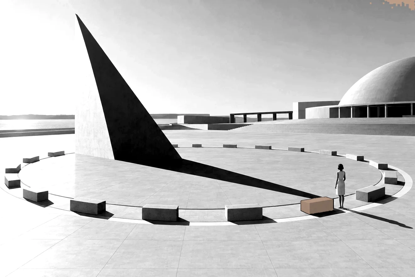 A monumental sundial in a plaza, its long shadow about to reach a blue stone block where a person stands