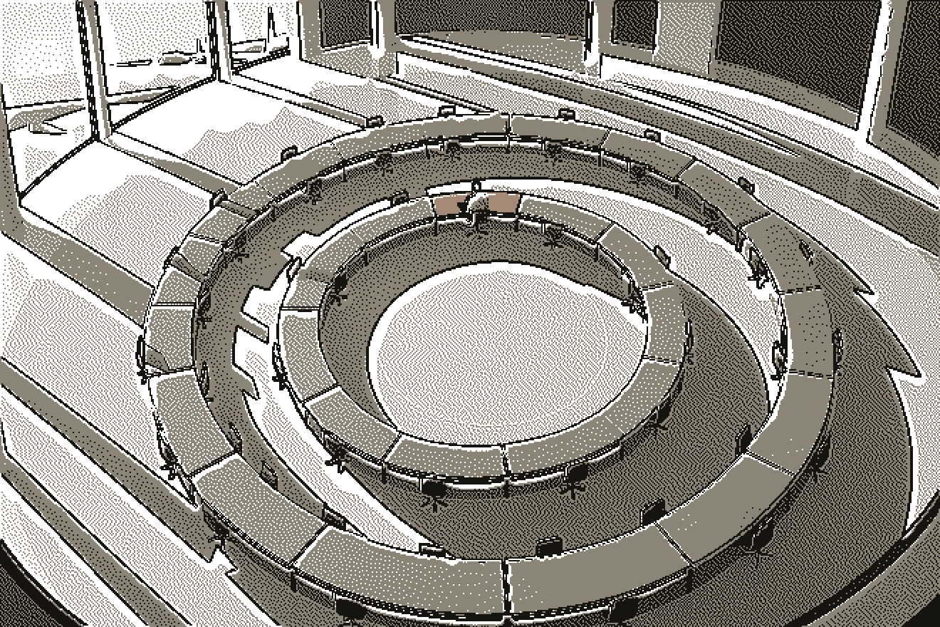 A round control hall seen from above, rings of desks with one blue desk where a person sits