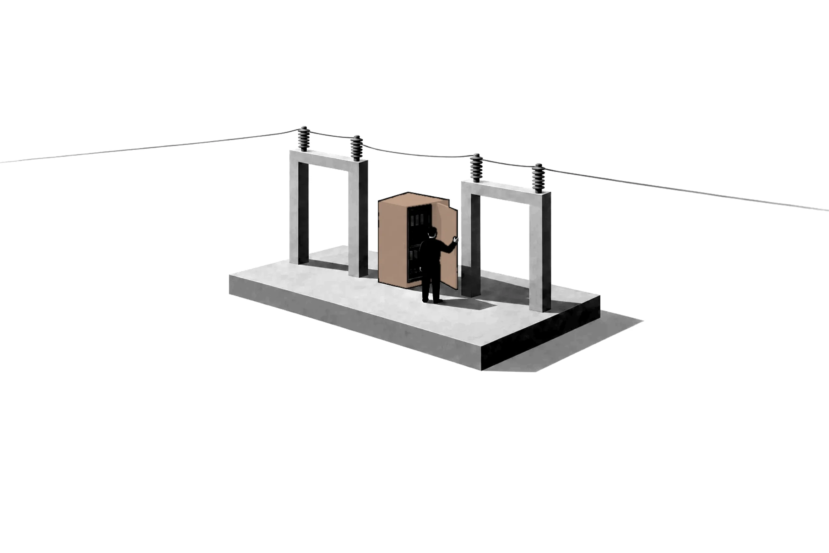 A small substation on an open plain, a person checking the open door of its one marked switch cabinet