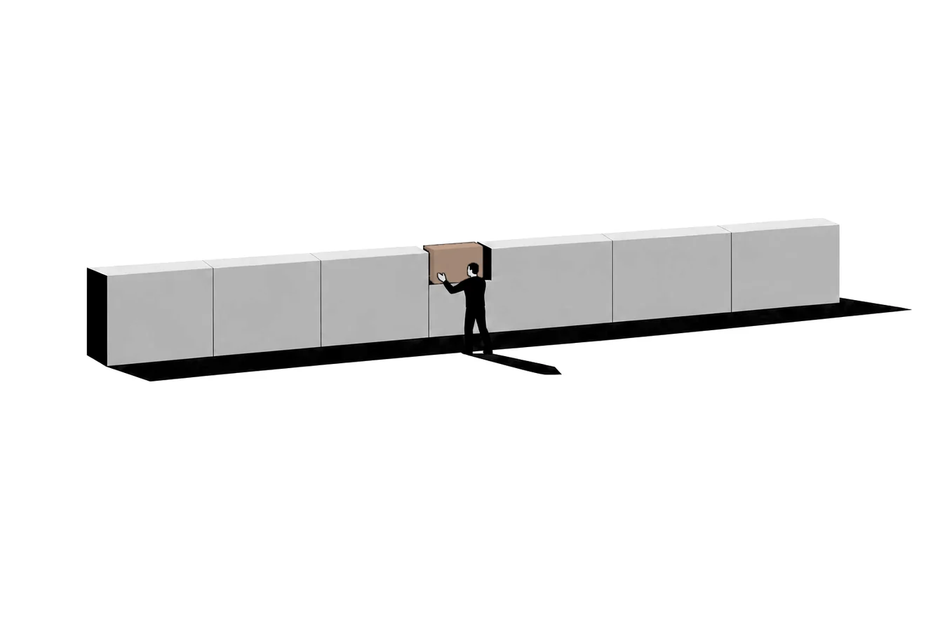 A long low stone wall with one gap, a person setting a marked block into it